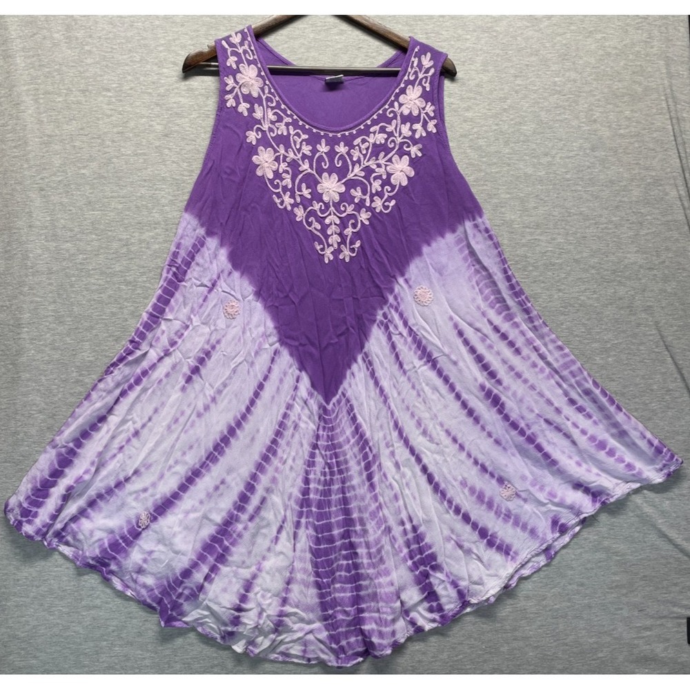 Shoreline Umbrella Dress Womens One Size Purple White Tie Dye Embroidered Floral
